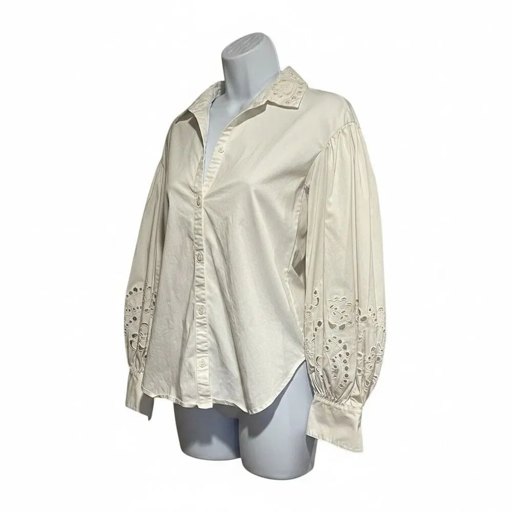 Kate Spade New York Poplin Cutwork Shirt White Button Down Eyelet Sleeve Size 8